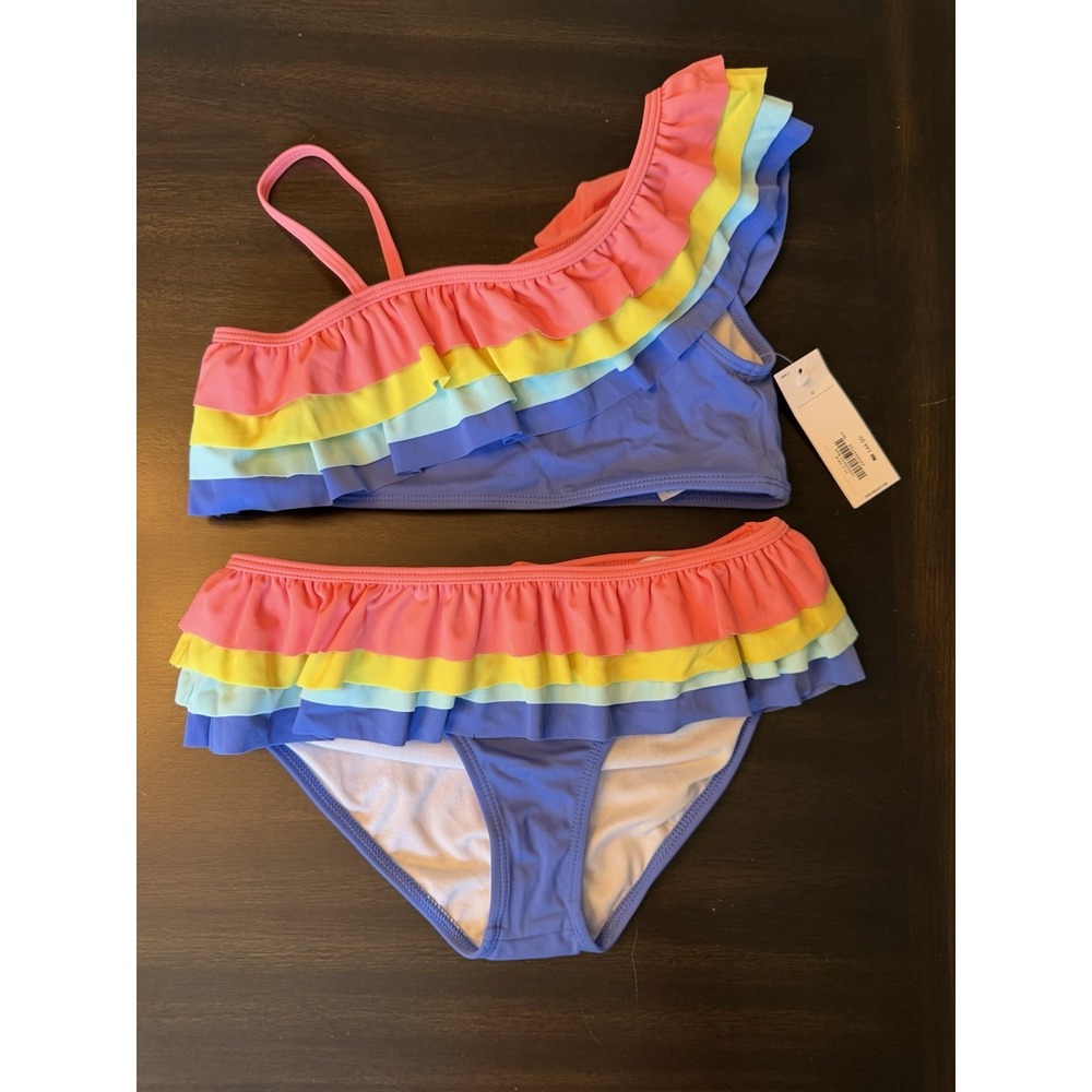 NWT, Janie And Jack Swim Suit, Sz 12 MSRP $44 Ruffle 2 Piece One Shoulder Bikini - Picture 2 of 4